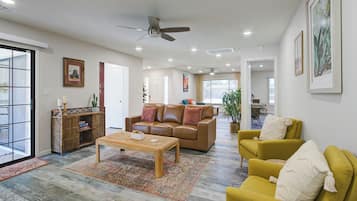 Smart TV, fireplace, books