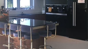 A modern kitchen with a central island, black cabinetry, stainless steel appliances, and a window providing natural light. - Beautiful villa with sauna, 10 min from the beach (Bentveld)