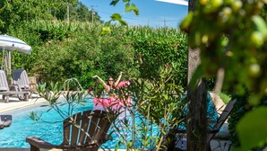 A swimming pool with lounge chairs and a poolside umbrella. - Gîtes Pyrénées Les Trois Montagnes BALOU (Ganties)