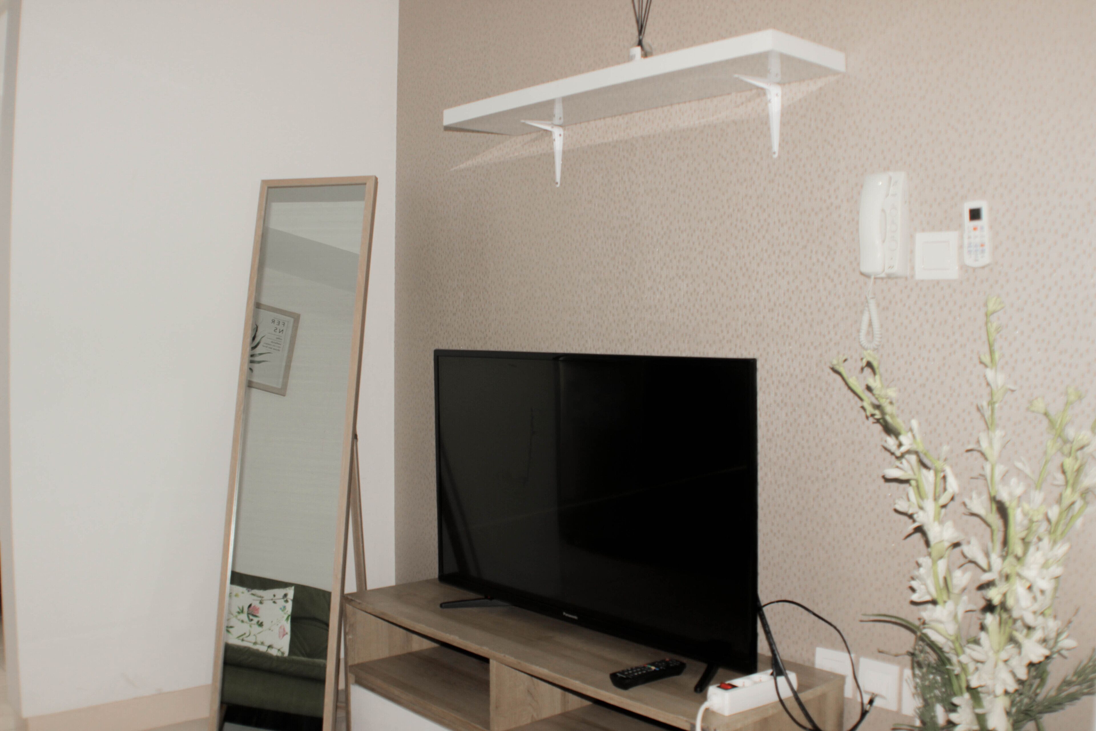 A room with a television on a wooden stand, a mirror, a telephone, and a plant.