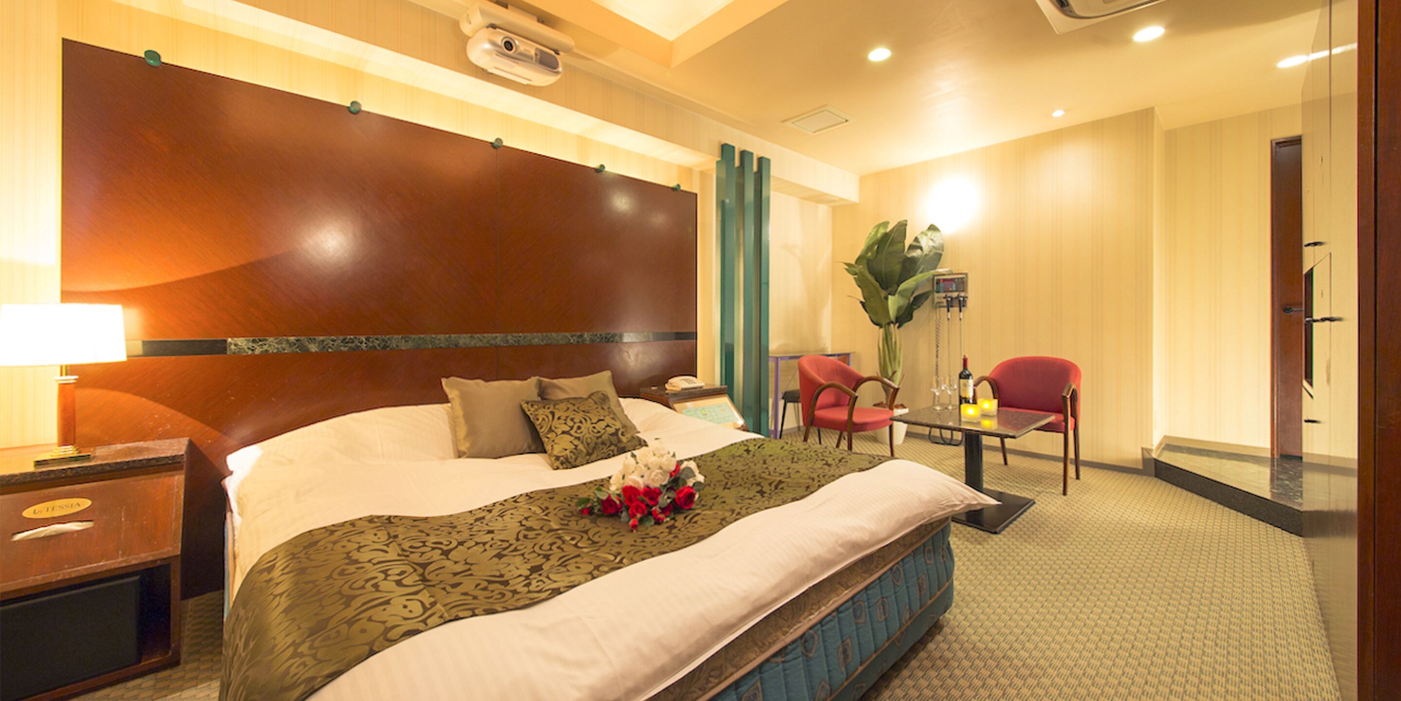 A hotel room with a large bed, a nightstand, a desk with a chair, a potted plant, and a door.