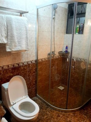 A bathroom with a white toilet, a glass-enclosed shower, and a tiled wall with a decorative border.