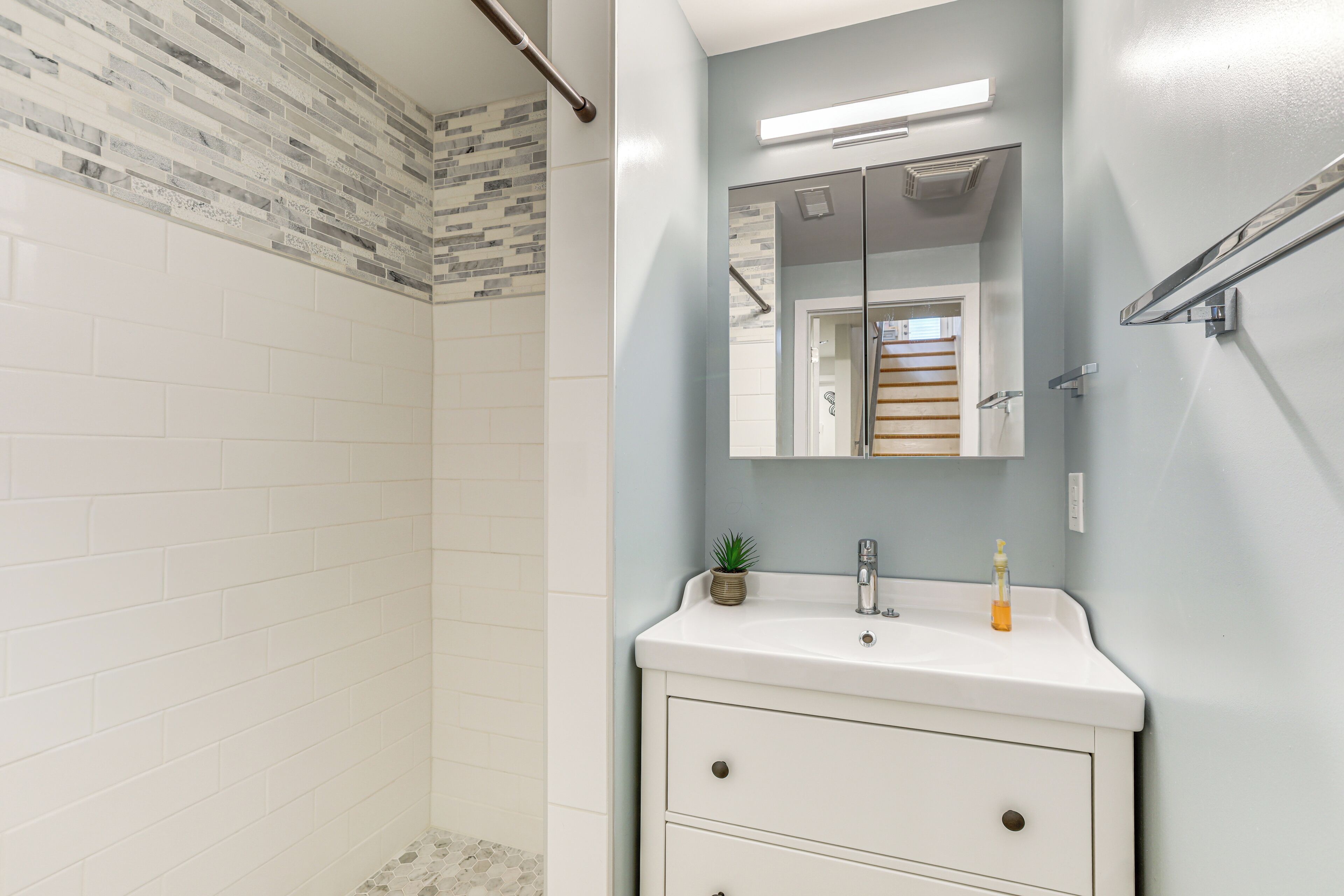 A bathroom with a shower, a sink with a mirror, and a small potted plant.