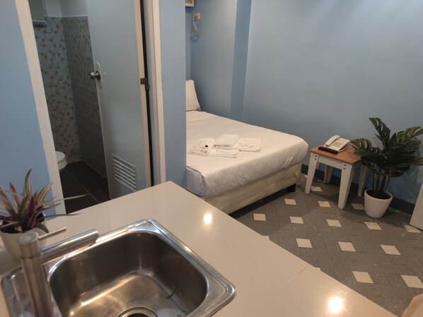A hotel room with a bed, a small bedside table with a phone and a plant, a sink, and a shower area.