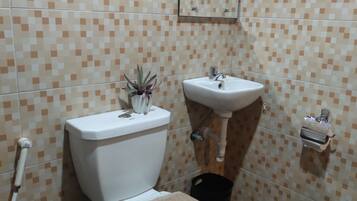A bathroom with a toilet, sink, and tiled walls.