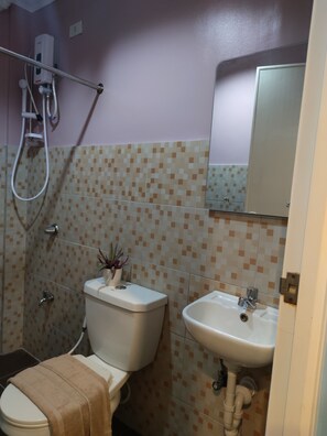 Ein Badezimmer mit Toilette, Dusche, Waschbecken und Spiegel.