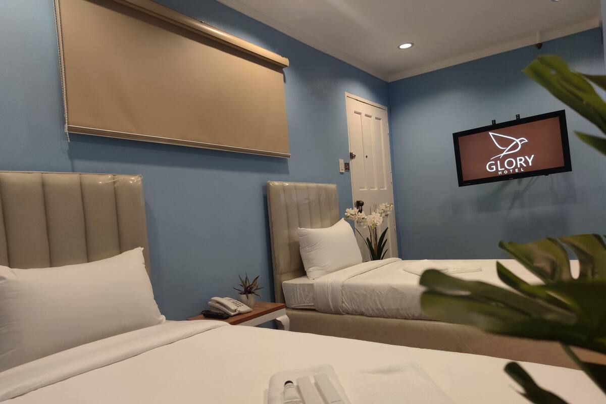 Une chambre d’hôtel avec deux lits, une télévision et une plante.