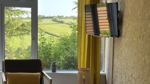 Une pièce avec vue sur un paysage verdoyant, une chaise, une petite table avec une lampe et un téléviseur fixé au mur.