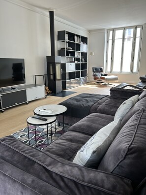 Smart TV, fireplace, books, stereo