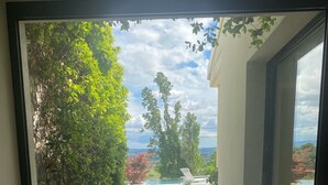 A view through a window with a wooden table displaying a potted plant, a framed photo, and a decorative item. - House, pool, 4 or 6 bedrooms, with views of the Aix countryside  (Éguilles)