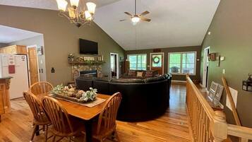 Smart TV, fireplace, foosball