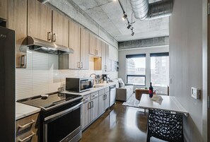 Condo, 1 Queen Bed with Sofa bed, Kitchen, City View (Sable 302) | Private kitchen | Fridge, microwave, oven, stovetop