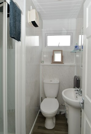 Chalet | Badkamer | Een douche, een haardroger, handdoeken