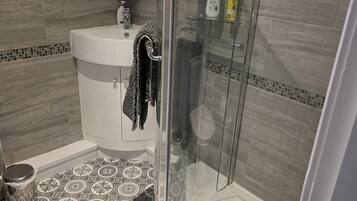 Shower, hair dryer, towels