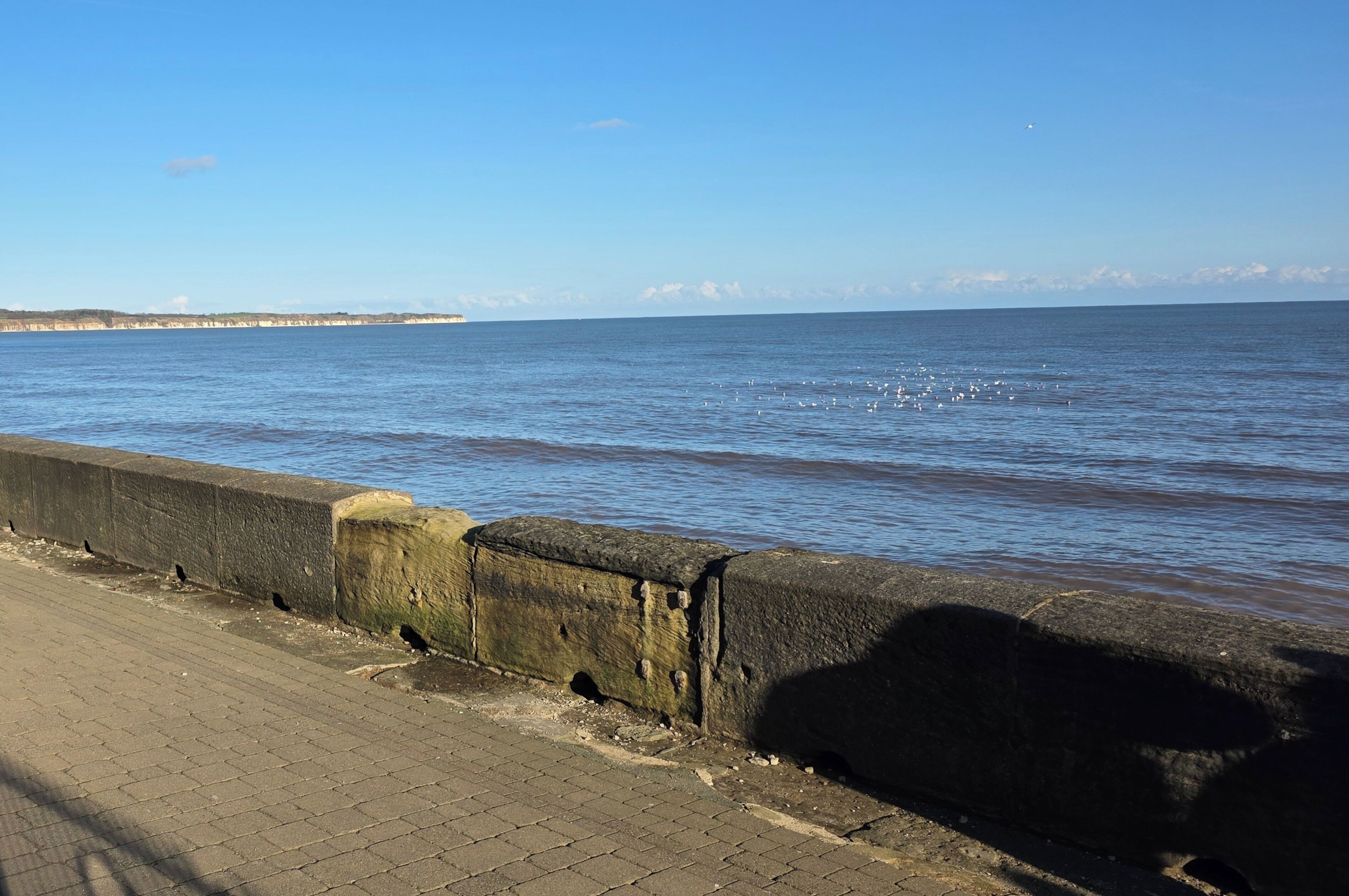 A coastal walkway with a concrete barrier and a paved path.