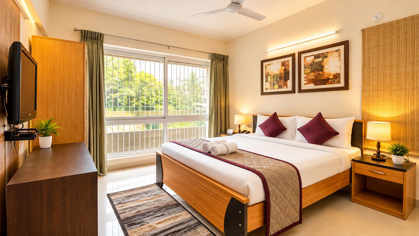 A hotel room with a bed, bedside tables, a TV, a window with curtains, and artwork on the wall.