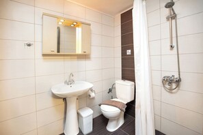 Ein modernes Badezimmer mit einem Standwaschbecken, einer Toilette und einer Dusche.