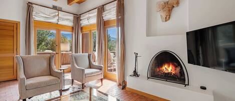 Télévision, cheminée, espaces bureaux