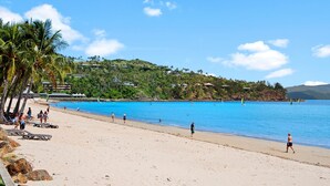 A beach with clear blue water, palm trees, and buildings in the background. - Frangipani Lodge F7, Frangipani Lodge F7 (Hamilton Island)