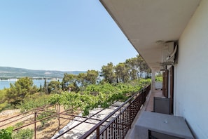 A balcony with a view of a vineyard, a body of water, and distant hills.
