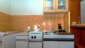 Una cocina compacta con estufa, lavamanos y armarios.