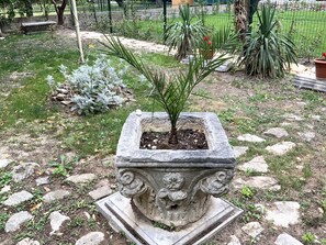 A garden with a stone planter containing a palm tree, surrounded by various plants and a stone bench.