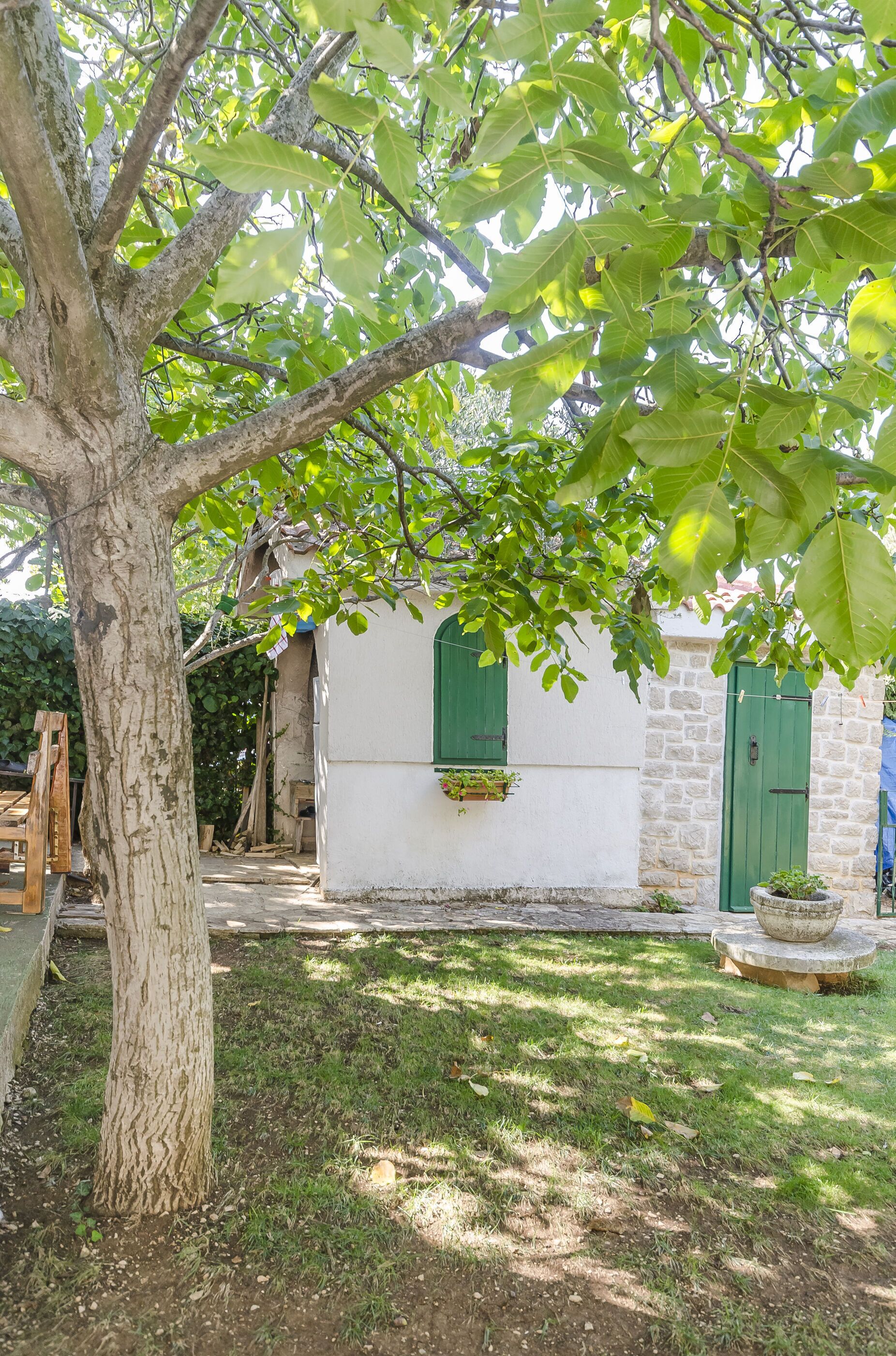 A rustic building with a stone facade, green shutters, and a tree in the foreground.