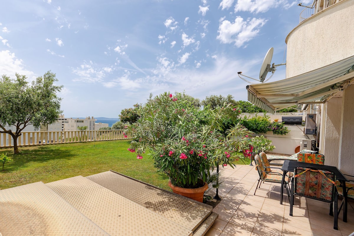 A patio area with a dining table and chairs, a potted plant, and a satellite dish.
