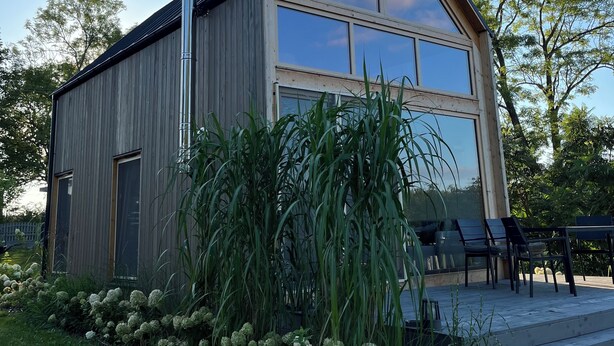 Un edificio moderno de madera con ventanas grandes y una chimenea, rodeado de abundante vegetación y un patio.