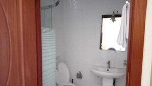 Une salle de bain avec des toilettes, un lavabo et un miroir.