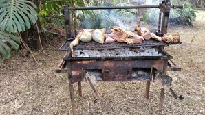 A rustic outdoor grill with various meats cooking, surrounded by greenery and a covered area in the background. - Stay.Plus Karen Private House (Nairobi)