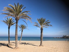 Ein Strand mit drei Palmen und blauem Himmel.