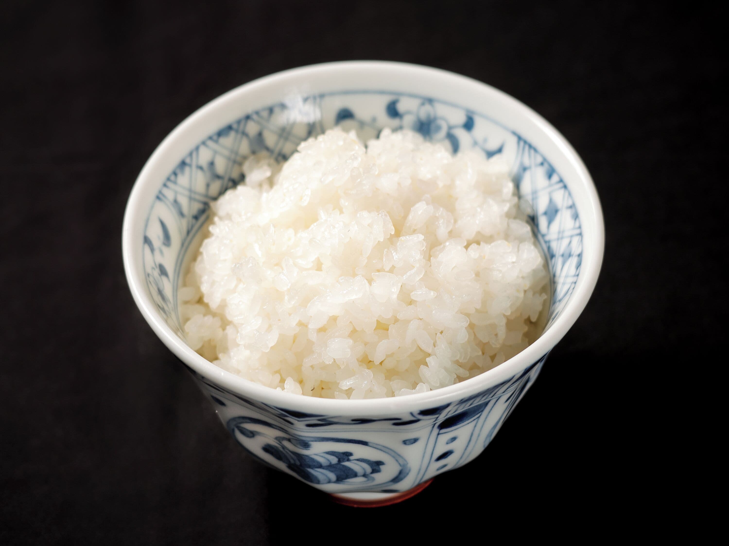 Un bol de riz blanc orné d’un motif bleu sur une surface sombre.