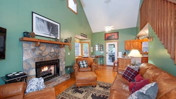 Smart TV, fireplace, books