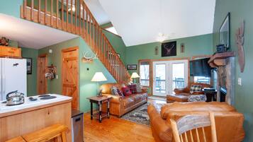 Smart TV, fireplace, books