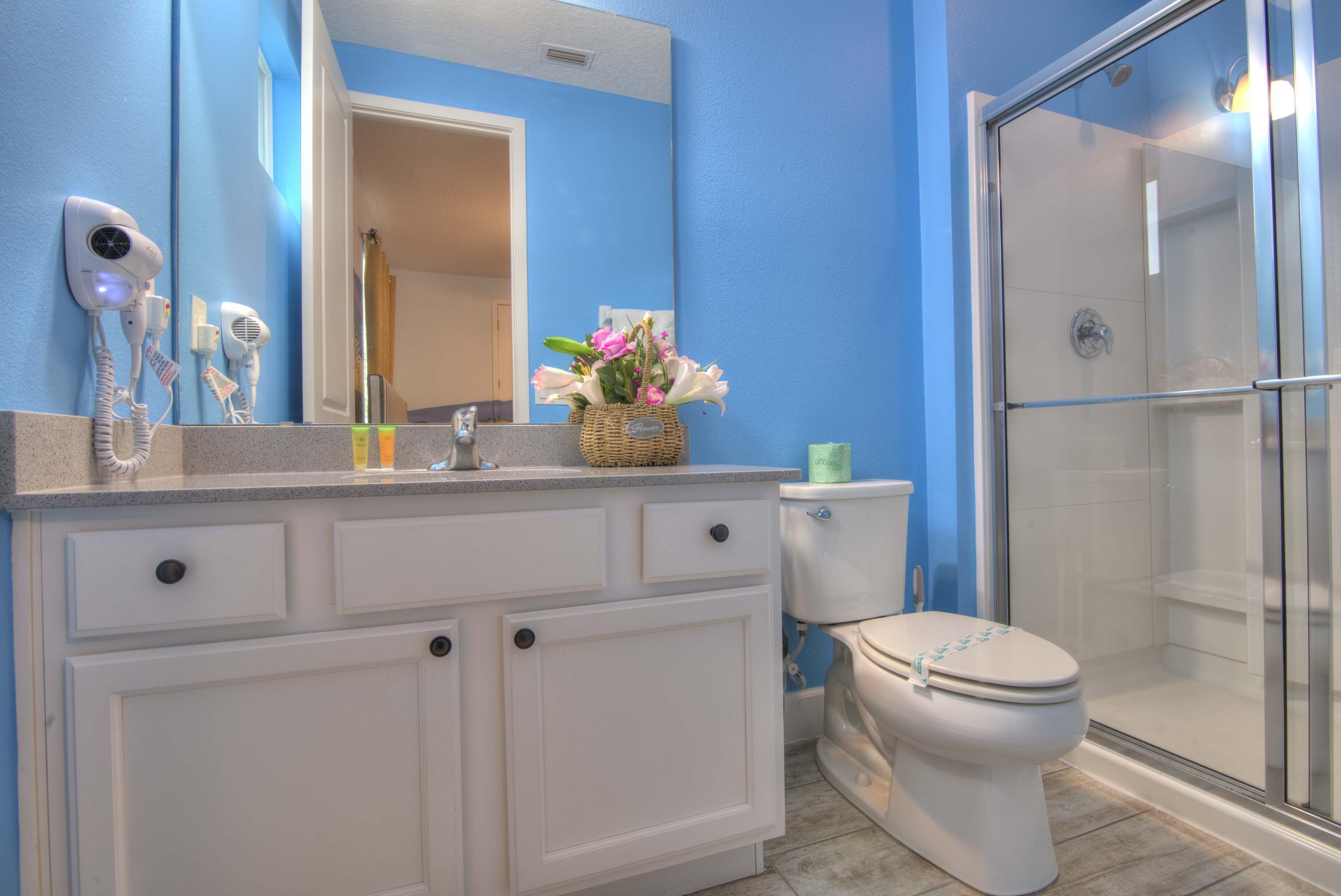 A bathroom with a shower, a toilet, and a vanity with a mirror.