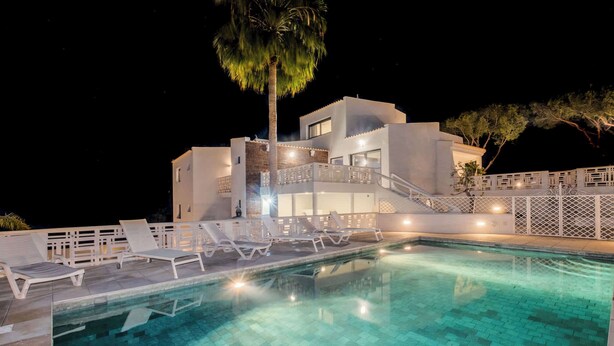 A modern hotel with a swimming pool, lounge chairs, and a palm tree.