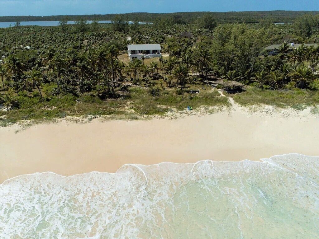 A beach with a single white building surrounded by dense tropical vegetation.