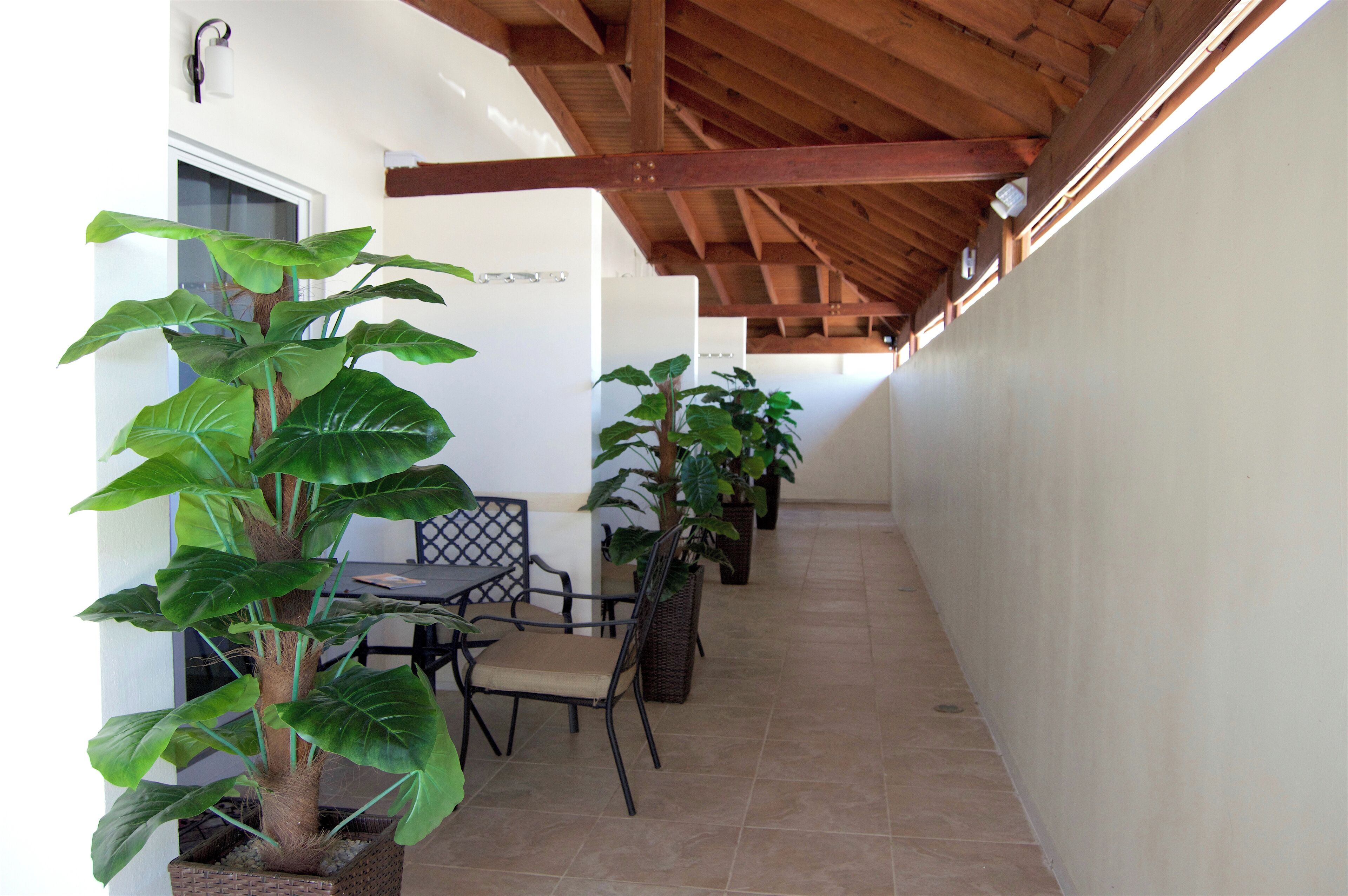 Un patio cubierto con una mesa y sillas para comer, rodeado de plantas en macetas.