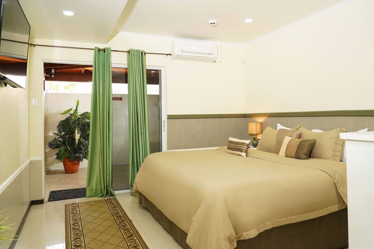 Een hotelkamer met een bed, een potplant, een deur met groene gordijnen en een airconditioning.