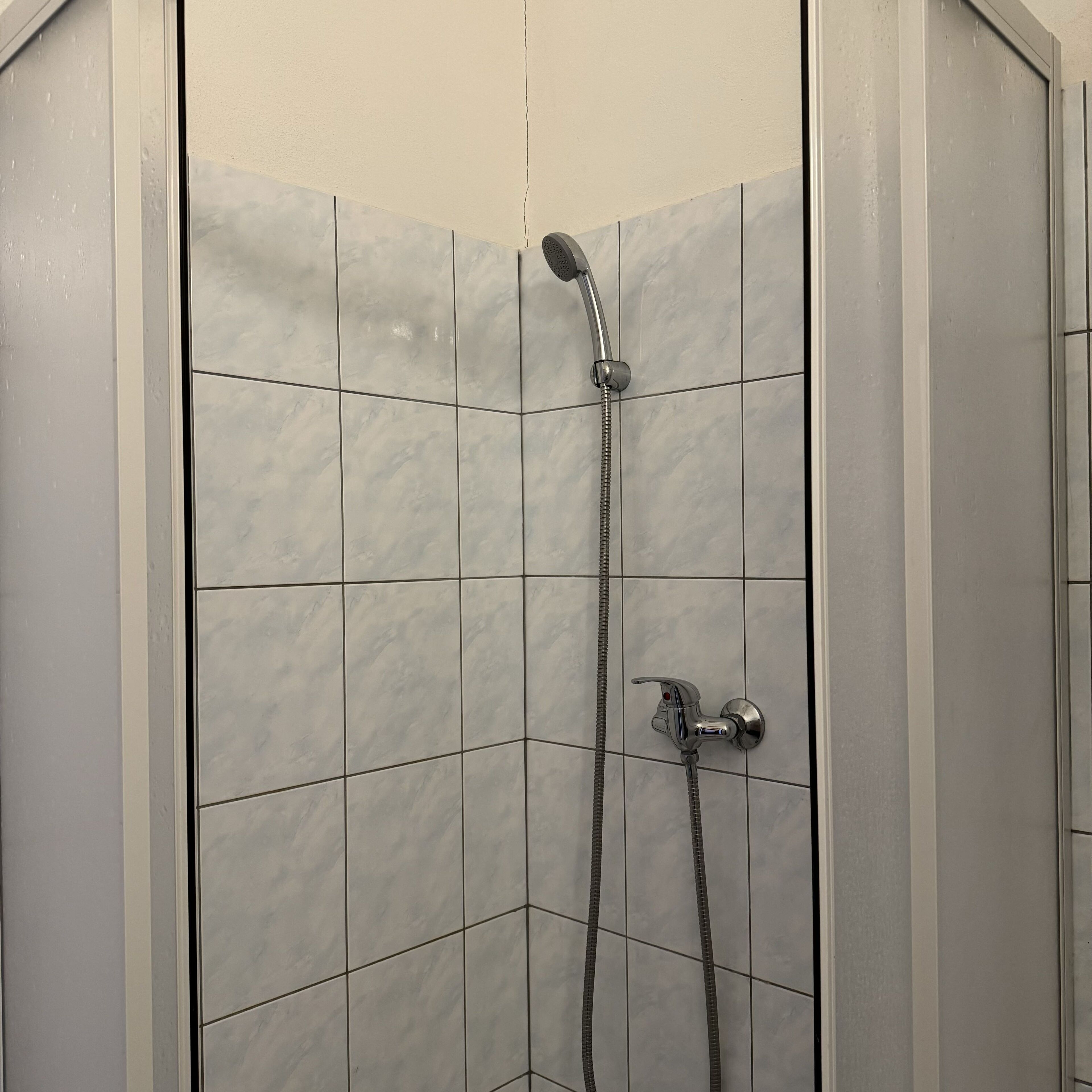 A shower with a handheld showerhead and a fixed wall-mounted faucet.
