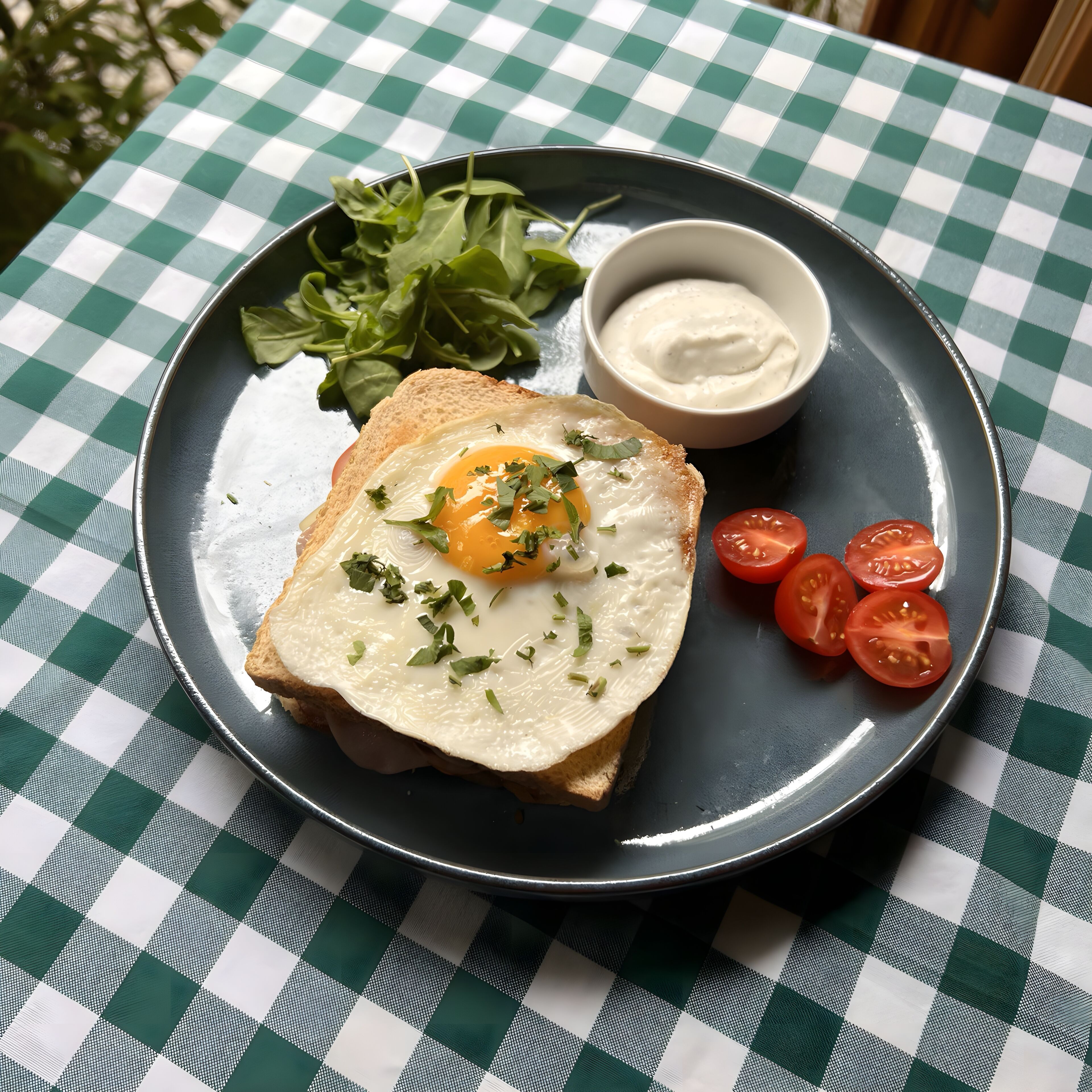 A plate with a sandwich, a bowl of sauce, and some tomatoes on a checkered tablecloth.