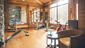 A gym with various exercise equipment, stone walls, wooden beams, and large windows. - Le Serre d'Or, large apartment at the foot of the slopes (Saint-Chaffrey)