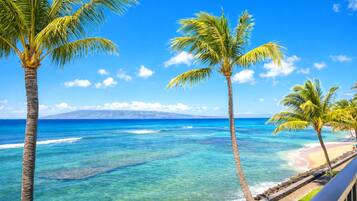 Une plage bordée d’une eau turquoise et limpide, de palmiers et d’une chaîne de montagnes qui se dessine à l’horizon.