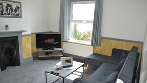 Un salon avec une cheminée, un téléviseur, un canapé et un ordinateur portable posé sur une table basse.
