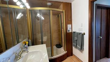 Combined shower/tub, jetted tub, hair dryer, bidet