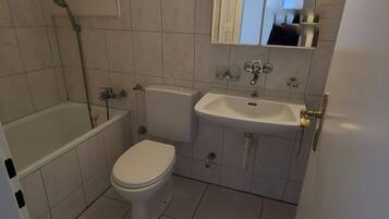 Une salle de bain avec des toilettes, un lavabo et une douche.