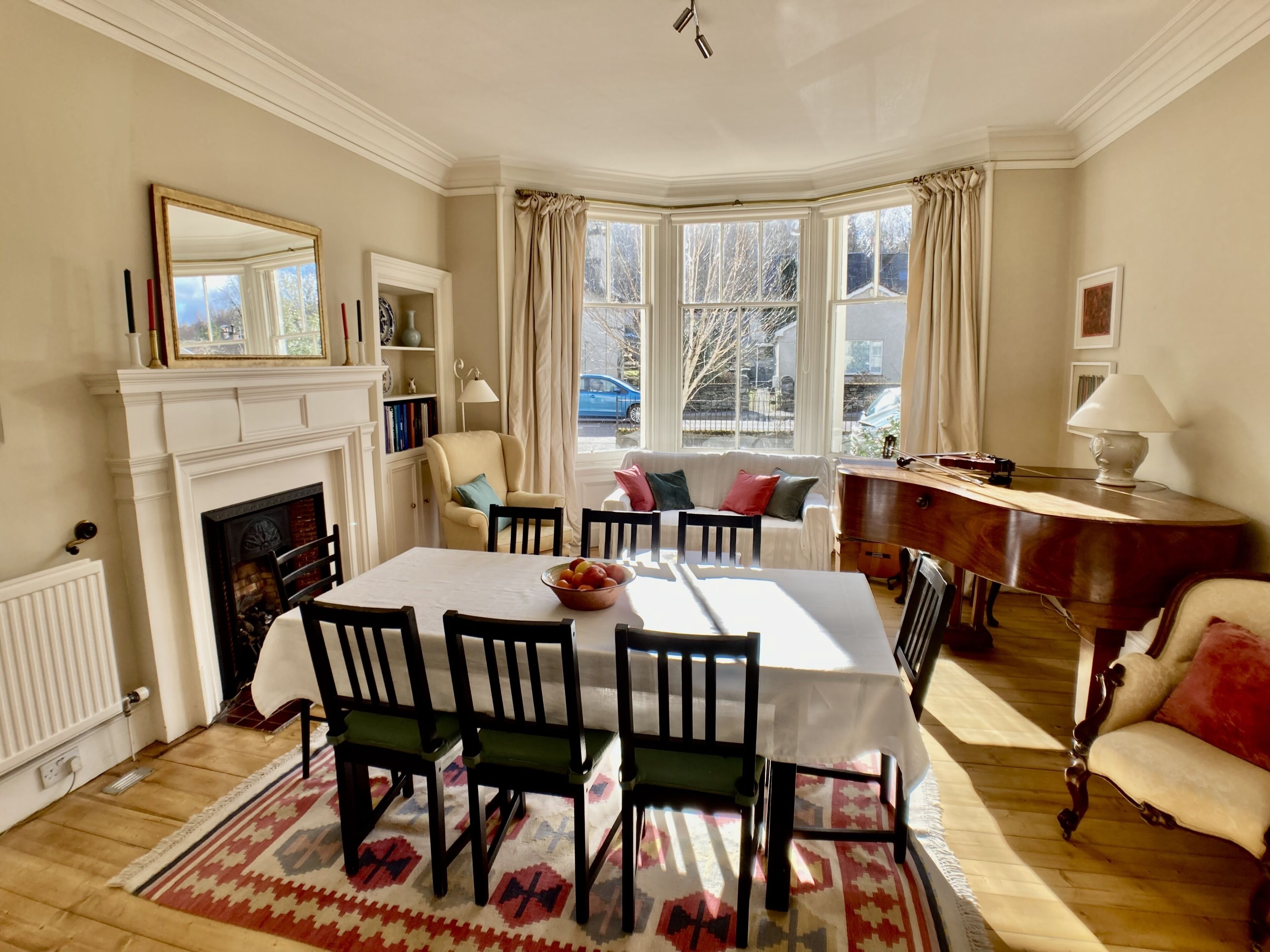 Smart TV, fireplace, DVD player, books