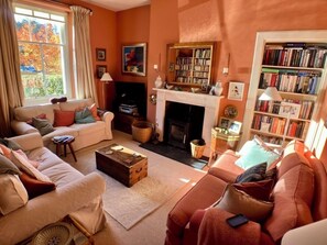 Smart TV, fireplace, DVD player, books