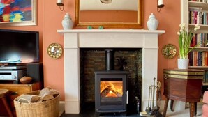 Una sala de estar acogedora con chimenea, televisor y estantería.